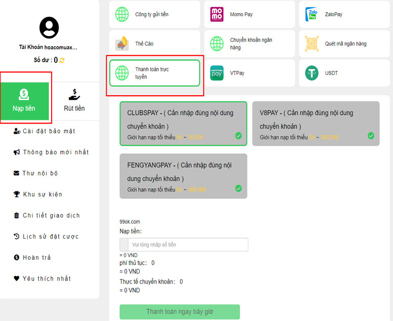 Nạp tiền tại 99ok qua ngân hàng trực tuyến