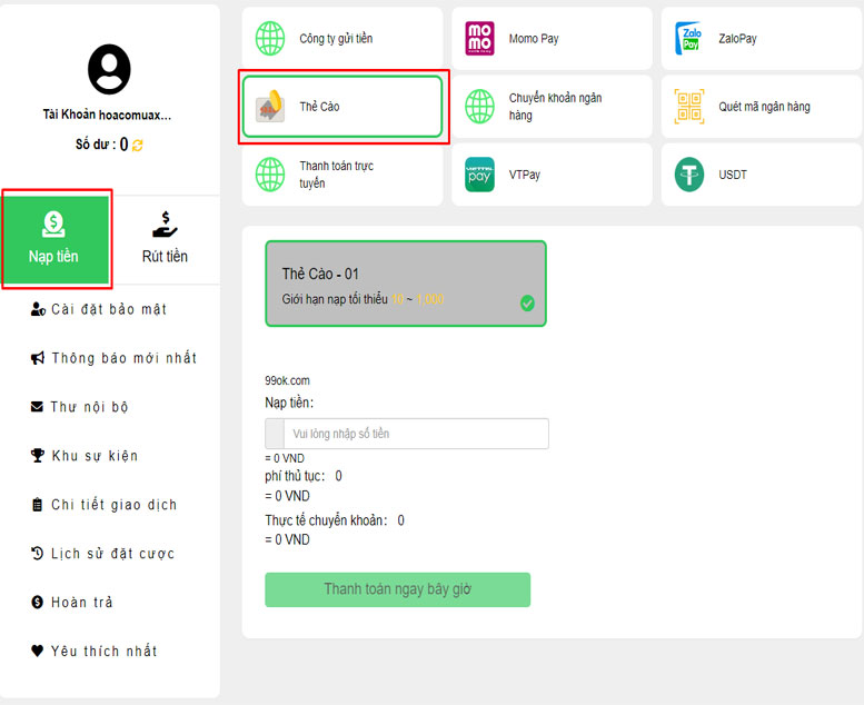 Nạp tiền vào cổng game 99ok qua thẻ cào điện thoại